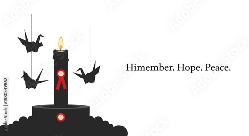 Memorial illustration with lit candle and hanging origami paper cranes.