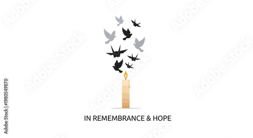 Conceptual illustration with wooden pillar and flying birds representing remembrance and hope.