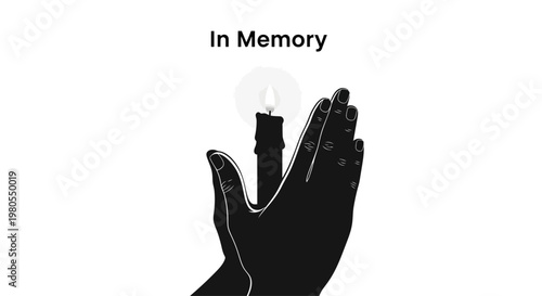 Silhouette of praying hands holding a lit candle in memory.