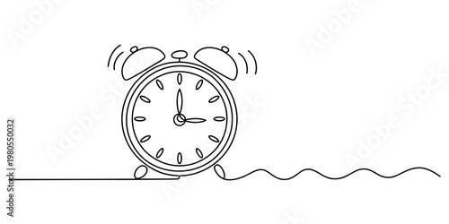 Continuous single line drawing of an alarm clock with wavy pattern indicating sound and motion Vector, illustration
