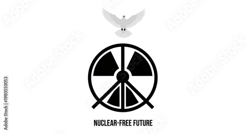 Nuclear free future conceptual symbol with peace dove and radiation warning sign.