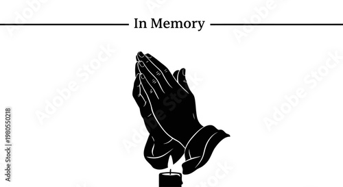 Black and white praying hands illustration with memorial candle.