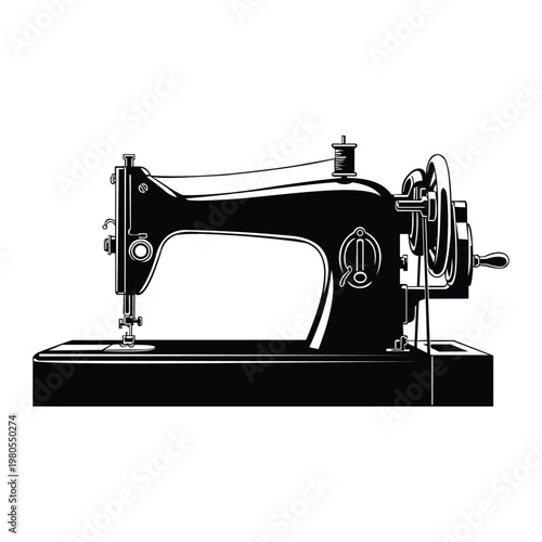 A black and white illustration of a vintage sewing machine with a spool of thread and a hand crank