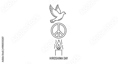 Minimalist Hiroshima Day illustration featuring a dove peace symbol and candle.