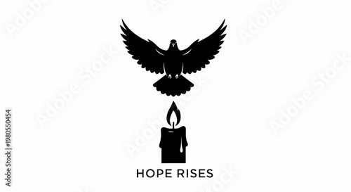 Minimalist black silhouette of a soaring dove above a burning candle.