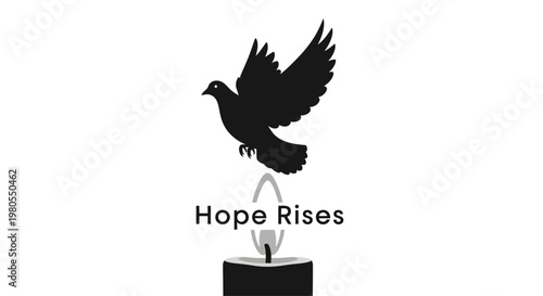 Minimalist concept of a flying dove rising from a burning candle flame.