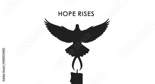 Silhouette of a bird rising from a candle flame with the text Hope Rises.