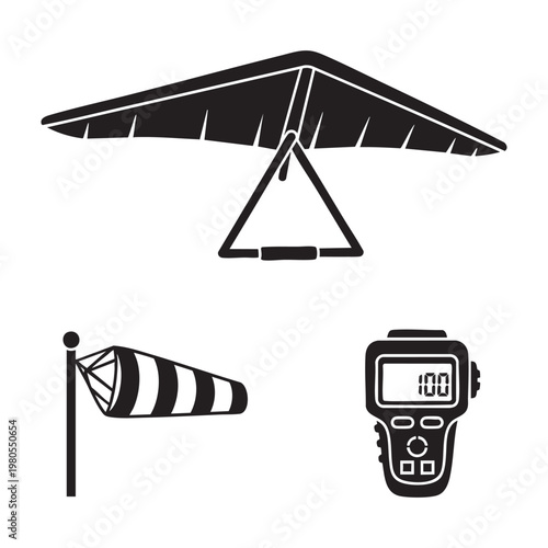 Air sport icons with hang glider windsock and altimeter