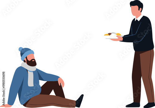 Man giving food to homeless person sitting on street, charity and kindness concept illustration, helping poor people vector scene isolated on white background