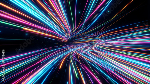 Vibrant, converging light streaks create a dynamic, surreal vortex effect.