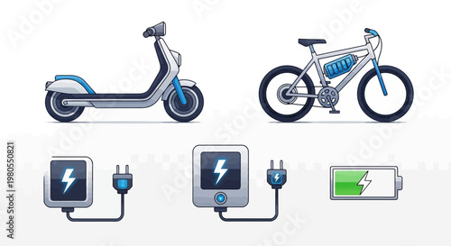 Collection of Modern Electric Vehicles and Charging Infrastructure Icons for Sustainable Urban Mobility and Eco-Friendly Transportation Solutions