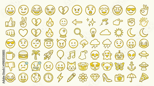 A large collection of yellow emoji icons with a gold outline, featuring a wide variety of expressions, objects, and symbols.