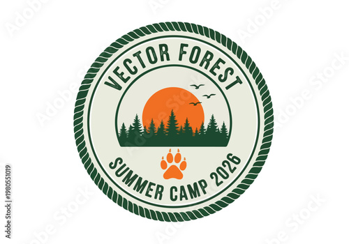 Vintage Vector Forest Summer Camp 2026 badge, retro outdoor adventure emblem with pine trees and sunset, wilderness camping logo with paw print