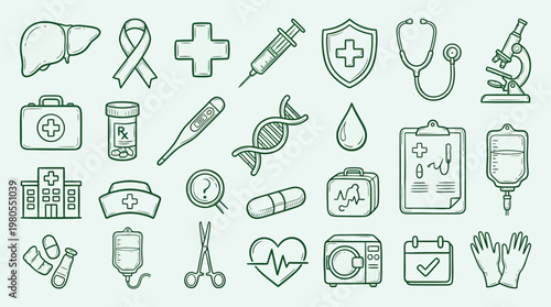 A comprehensive collection of medical and healthcare icons, featuring symbols for diagnosis, treatment, and patient care.