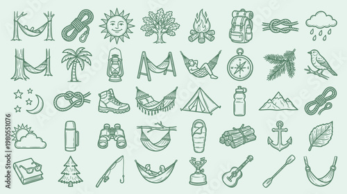 A collection of hand-drawn icons representing various outdoor activities, camping gear, and nature elements, presented in a consistent, simple line art style.