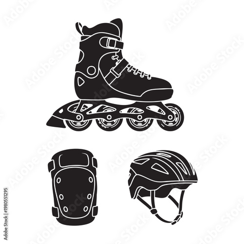 Skating gear icons with inline skate helmet and a pad