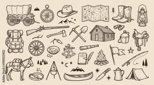 A comprehensive collection of hand-drawn illustrations depicting various elements associated with the American West and outdoor adventures.