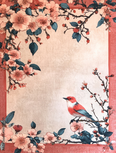 Cherry blossom floral border songbird vintage illustration pastel color spring flower retro pattern botanical art empty space greeting card Cherry blossom floral border with songbird and vintage