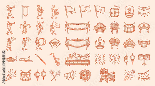 A comprehensive collection of hand-drawn illustrations depicting elements of parades, celebrations, and festivals, including musicians, flags, banners, drums, horns, and decorative items.