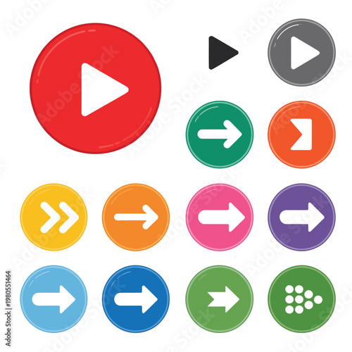 Set of colorful circular arrow and play button icons for web media player user interface