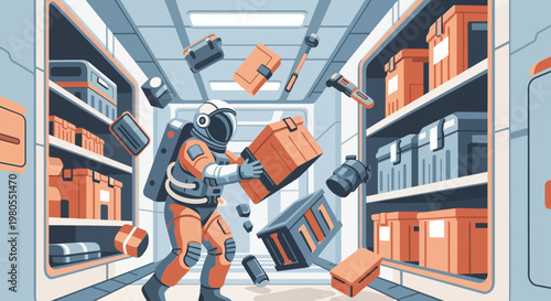 Astronaut Managing Floating Cargo Inside Futuristic Spaceship Corridor