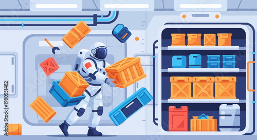 Astronaut Organizing Floating Cargo in a Futuristic Spaceship
