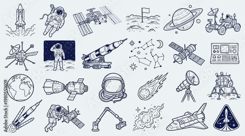 A collection of hand-drawn illustrations depicting various elements of space exploration and astronomy, including rockets, astronauts, planets, and celestial bodies.