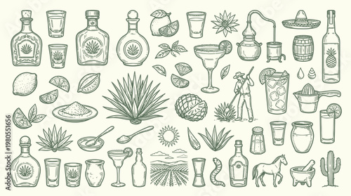 A comprehensive collection of hand-drawn illustrations depicting the entire process of tequila production, from agave plants to finished cocktails.