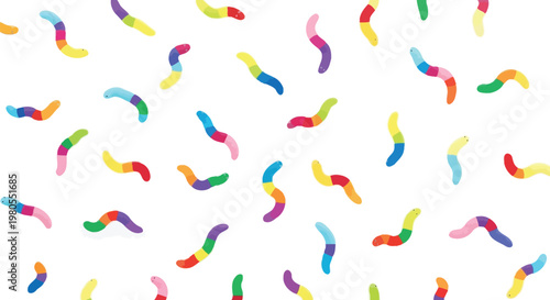 Colorful gummy worm candies arranged in a repeating pattern vector graphic illustration for sweet food designs