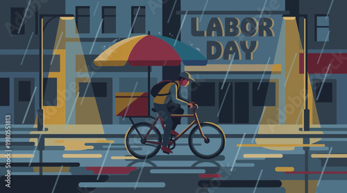 Food delivery courier cycling in rainy city during Labor Day night