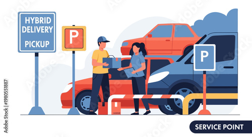 Hybrid Delivery and Pickup Service Illustration in Parking Lot
