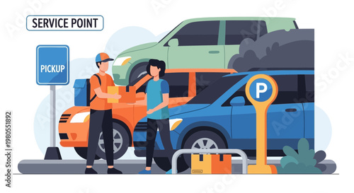 Delivery courier handing package to customer at pickup service point