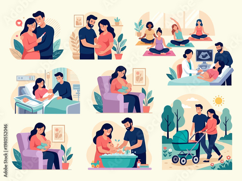 Pregnancy and Parenthood Journey Illustration Set with Prenatal Care, Ultrasound, Childbirth, Breastfeeding, and Baby Care Vector Scenes for Healthcare and Family Wellness