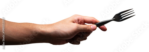 Male hand holding a black plastic fork isolated on white background with clipping path.	
