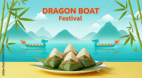 Dragon Boat Festival Scene with Zongzi and Dragon Boats