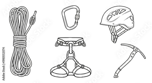 Detailed vector illustration of essential climbing and mountaineering gear, including rope, harness, helmet, carabiner, and ice axe, for outdoor adventure enthusiasts