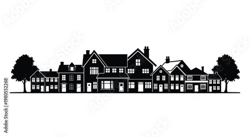 Black and white silhouette vector illustration showcasing a charming street with various residential buildings and trees.