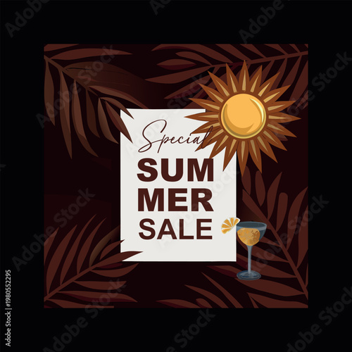 A special summer sale advertisement with a sun and cocktail