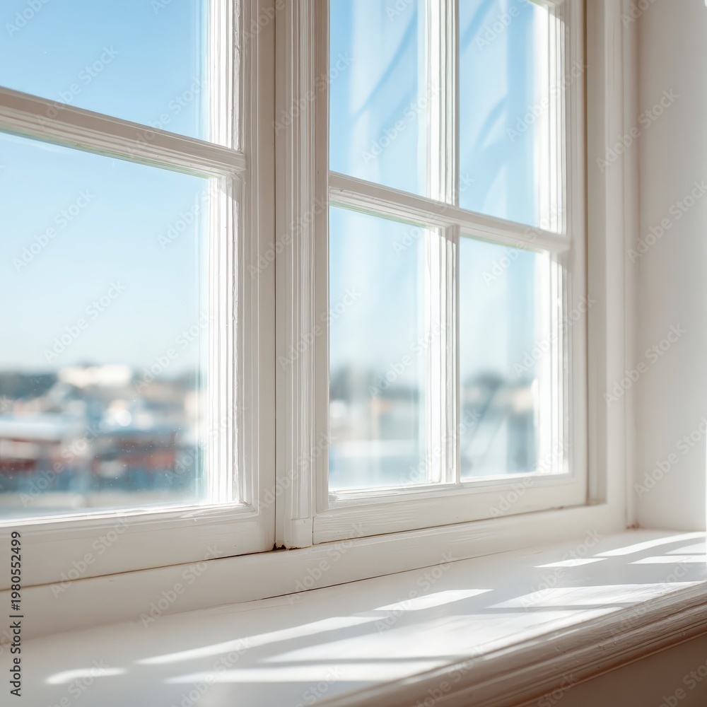 Fototapeta premium Bright sunlight streaming through a classic window frame highlighting interior space