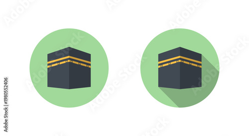 Kaaba icon with long shadow. Mecca hajj pilgrimage symbol. Islamic holy mosque sign