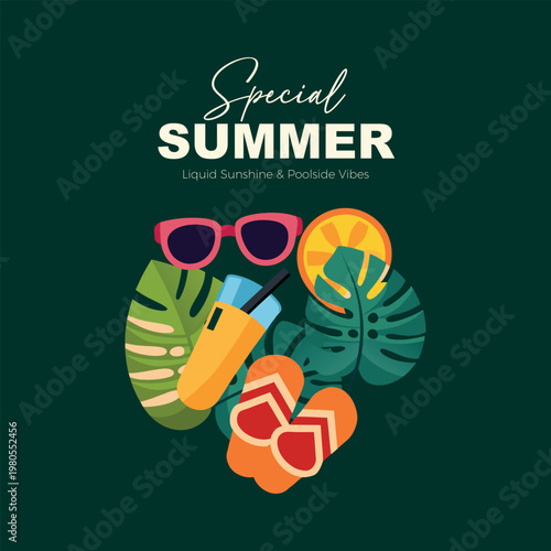 A graphic illustration for summer with tropical leaves and sunglasses