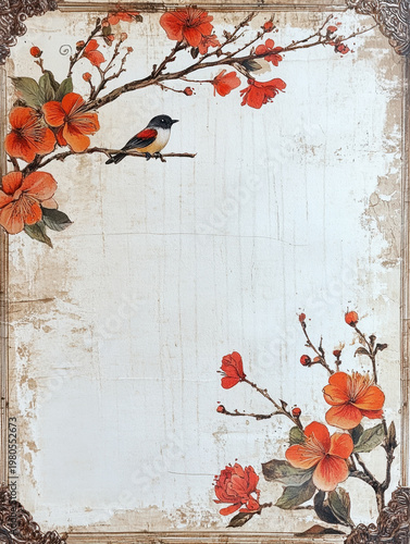 Vintage floral frame bird flower branch border background decorative retro nature template greeting card stationery invitation design illustration blossom petal leaf foliage textured antique