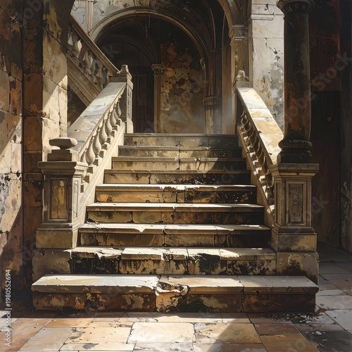A worn stone staircase leads to an arched entrance in a rustic building