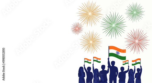 Group of People Celebrating Indian Independence Day with Flags.