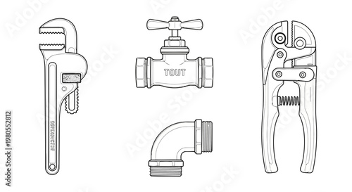 Clean line art illustrations of essential plumbing tools and pipe components, perfect for representing home repair, maintenance, and professional water system concepts