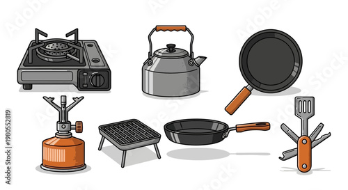 Comprehensive Camping and Outdoor Cooking Equipment Collection Featuring Portable Stoves, Frying Pans, Kettle, and Utensils for Wilderness Adventures and Leisurely Backyard Cookouts