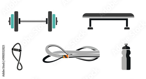 A versatile collection of flat design fitness equipment for effective home workouts and gym training, including dumbbells, a weight bench, jump rope, resistance bands, and a hydration bottle