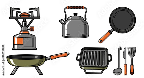 Collection of essential outdoor cooking equipment. Includes a portable gas stove, frying pans, grill, kettle, and kitchen utensils, perfect for camping and wilderness adventures