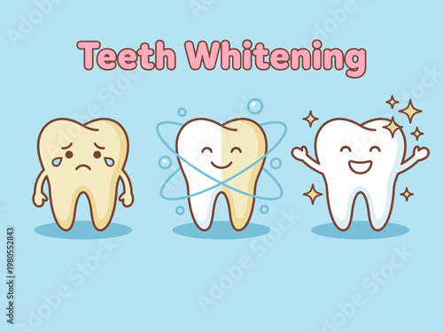 Teeth Whitening Process Illustration with Cute Cartoon Tooth Characters - Before and After Dental Care Transformation