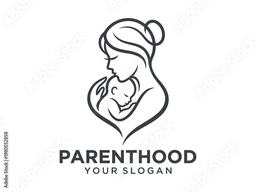 Minimalist Mother and Baby Line Art Logo - Elegant Parenthood and Motherhood Vector Icon for Maternity, Nursery, or Pediatric Healthcare Branding